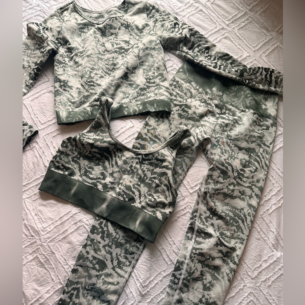 3 piece green Fabletics workout set